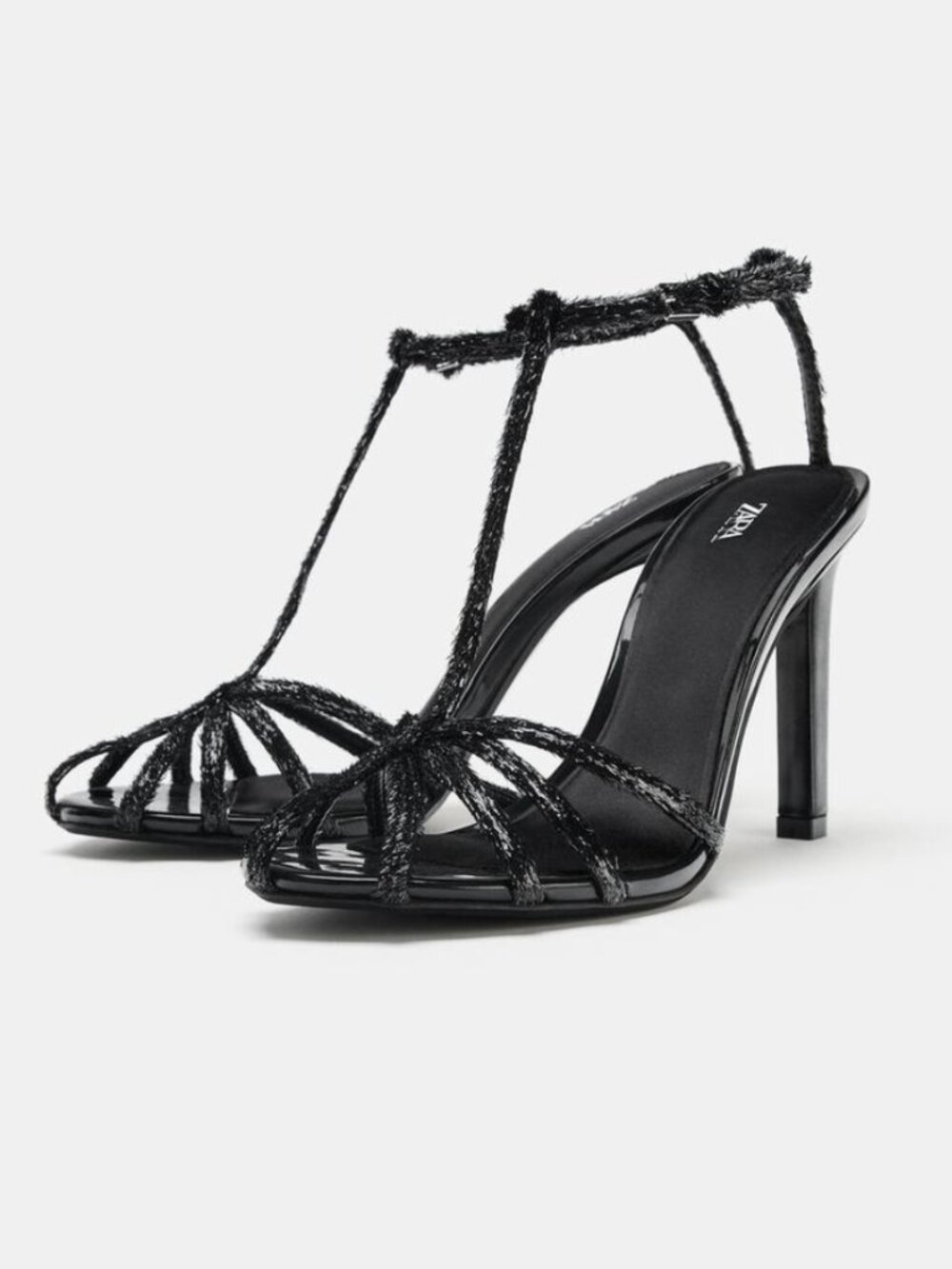 ZARA Textured Fringed Strappy Heeled Sandals - Black / Size 8 (EU 38) NWT
